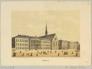 Die Westseite des Augustusplatzes in Leipzig mit dem Augusteum 1831-36 und der Paulinerkirche, 1836-38 durch Albert Geutebrück umgebaut, Reihe Leipziger Ansichten von Adolph Werl