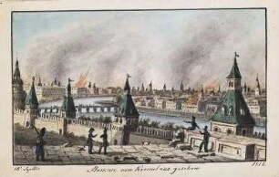 'Moskau vom Kremel aus gesehen' Blick über die Moskwa auf die Stadt mit einzelnen brennenden Häusern; Aquarell