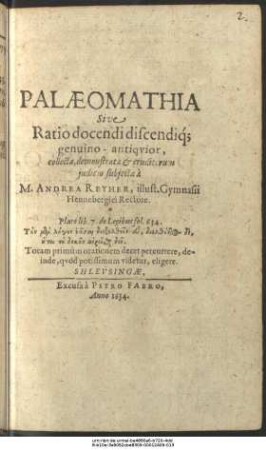 Palaeomathia Sive Ratio docendi discendique genuino-antiquior