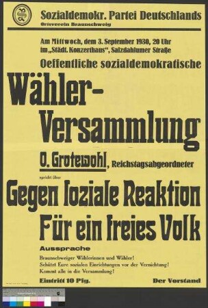 Plakat der SPD zu einer öffentlichen Wahlversammlung am 3. September 1930 in Braunschweig