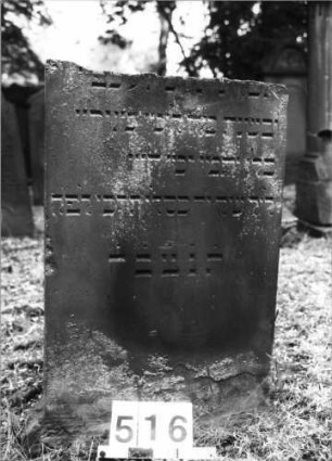 Grabstein 516 (Index: 99630017) Material: Sandstein Zustand: oben abgebroch/Textverl/unten abgeblätt. Maße HxBxT: 80x50x8 cm Beschreibung: Stele: Grabstein 516