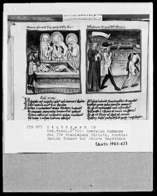 Zwei Schriften — Speculum humanae salvationis — Textseite mit zwei Miniaturen, Folio 77verso