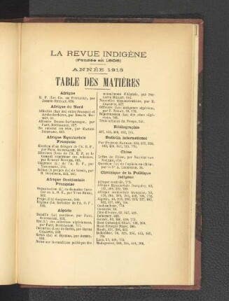 La Revue Indigène Année 1913. Table des Matières.