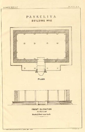 Plate XIX. Pankuliya Building No. 12. Plan. Front elevation.