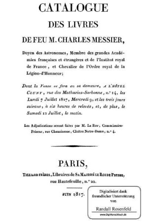 Catalogue des livres de feu M. Charles Messier