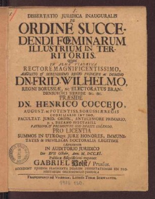 Dissertatio Juridica Inauguralis De Ordine Succedendi Fœminarum Illustrium In Territoriis