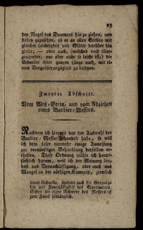 Zweyter Abschnitt. Vom Wetz- Stein, und vom Abziehen eines Barbier- Messers.