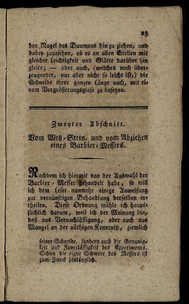 Zweyter Abschnitt. Vom Wetz- Stein, und vom Abziehen eines Barbier- Messers.
