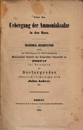 Ueber den Uebergang der Ammoniaksalze in den Harn : Inaug. Diss.
