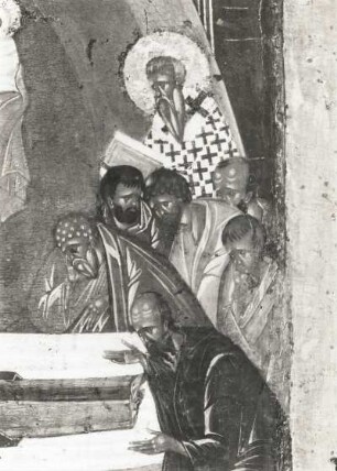 Entschlafen der Gottesmutter : Entschlafen der Gottesmutter. Ikonenmalerei (1386/1400; Feofan Grek). Gruppe der trauernden Apostel rechts der Bahre. Moskau: Tretjakow-Galerie
