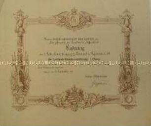 Urkunde über die Verleihung der Landwehr-Dienstauszeichnung I. Klasse für den Hauptmann der Landwehr, Heinrich Richard Lindenberg,Dresden, 9. Sept. 1885