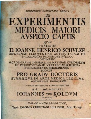 Diss. inaug. med. de experimentis medicis maiori auspicio captis