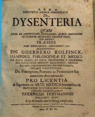 Disputatio Medica Inauguralis De Dysenteria