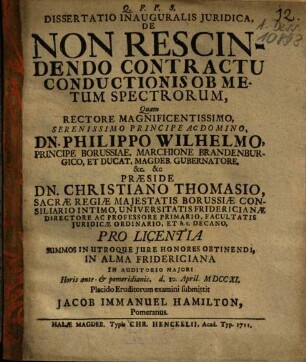 Dissertatio Inavgvralis Ivridica, De Non Rescindendo Contractu Conductionis Ob Metum Spectrorum