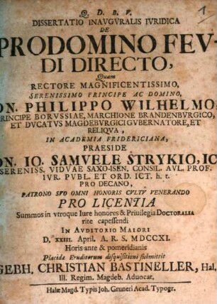 Dissertatio Inavgvralis Ivridica De Prodomino Fevdi Directo