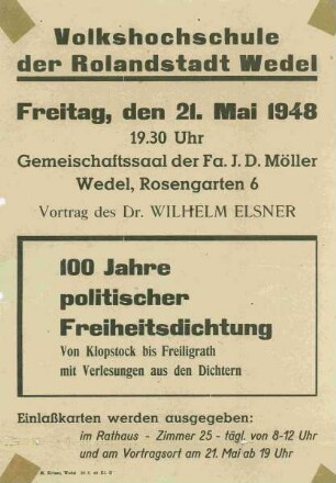 Volkshochschule der Rolandstadt Wedel. Vortrag 100 Jahre politischer Freiheitsdichtung