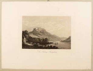 Die Stadt und die Festung Königstein auf dem gleichnamigen Tafelberg in der Sächsischen Schweiz vom Elbufer nach Westen, aus Rittners Dresden mit seinen Prachtgebäuden um 1810