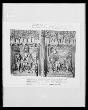 Hochaltar, Detail Sockelgeschoss, linke Seite: Evangelisten Lukas und Johannes