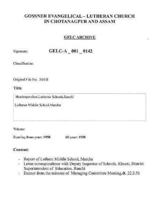 Headsupervisor, Lutheran Schools ,Ranchi, Lutheran Middle School,Marcha