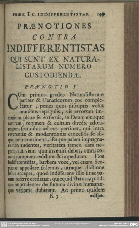 Praenotiones Contra Indifferentistas Qui Sunt Ex Naturalistarum Numero Custodiendae