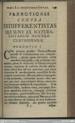 Praenotiones Contra Indifferentistas Qui Sunt Ex Naturalistarum Numero Custodiendae