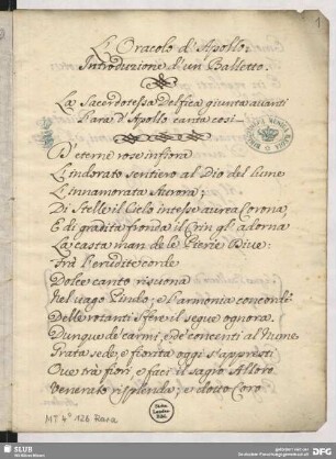 [Text:] L’oracolo d’Apollo. Kantate.
