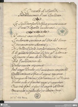 [Text:] L’oracolo d’Apollo. Kantate.