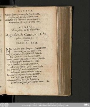 Xenion. Ab Apolline & Musis missum Magnifico & Generoso D. Augusto, Comiti de Linaro. Elegia XVII.