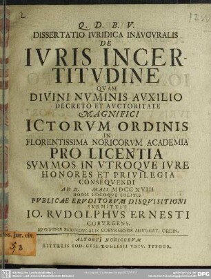 Dissertatio Iuridica Inauguralis De Iuris Incertitudine