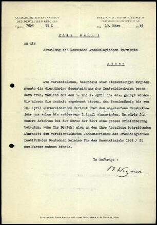 M. Wegner an DAI Athen