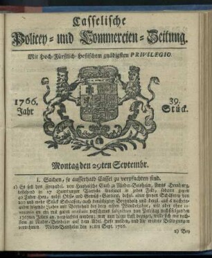 39. Stueck, Montag den 29ten Septembr. 1766