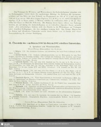 II. Übersicht des von Ostern 1886 bis Ostern 1887 erteilten Unterrichts