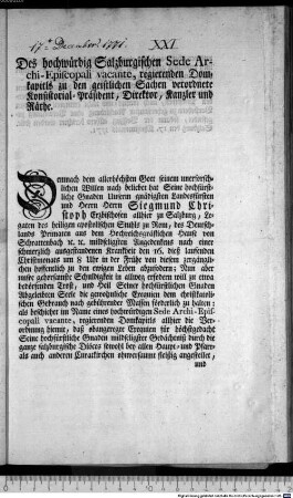 Des hochwürdig Salzburgischen Sede Archi-Episcopali vacante, regierenden Domkapitls zu den geistlichen Sachen verordnete Konsistorial-Präsident, Direktor, Kanzler und Räthe. : Salzburg den 17. Christmonats 1771.