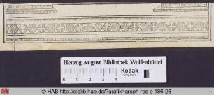 Ornamentleiste aus Kugeln, abwechselnd eine schraffierte und eine mit einem Kreuz versehene Kugel, an den Seiten Teile eines Sockels.