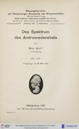 1912, 3. Abhandlung: Sitzungsberichte der Heidelberger Akademie der Wissenschaften, Mathematisch-Naturwissenschaftliche Klasse: Abteilung A, Mathematisch-physikalische Wissenschaften: Das Spektrum des Andromedanebels