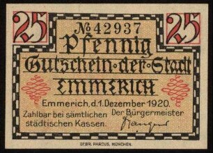 25 Pfennig Gutschein der Stadtgemiende Emmerich