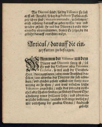 Articul/ darauff die eingepfarten zu befragen.