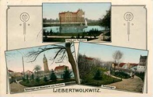 Liebertwolkwitz: Schule mit Parkteich, Parkanlagen mit Wasserturm und Turnhalle, Parkanlagen