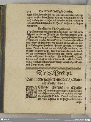 Die 35. Predigt. Darinne die sechste Bitte des H. Vater unsers erkläret wird