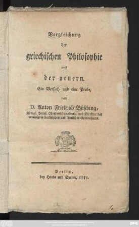 Vergleichung der griechischen Philosophie mit der neuern : Ein Versuch und eine Probe