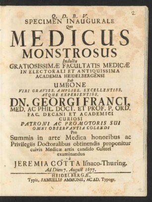 Specimen Inaugurale Quo Medicus Monstrosus
