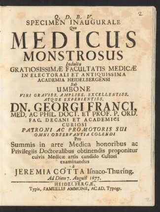 Specimen Inaugurale Quo Medicus Monstrosus