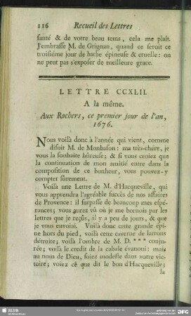 Lettre CCXLII. A la même. Aux Rochers, ce premier jour de l`an, 1676