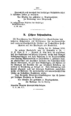 Anrechnung der Thätigkeit der Kandidaten des höheren Schulamtes als Assistent für mathematische und naturwissenschaftliche Fächer an Technischen Hochschulen auf die Wartezeit als Kandidat : [B. Höhere Lehranstalten]