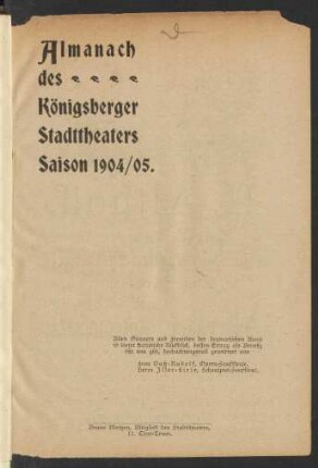 1904/1905: Almanach des Königsberger Stadttheaters