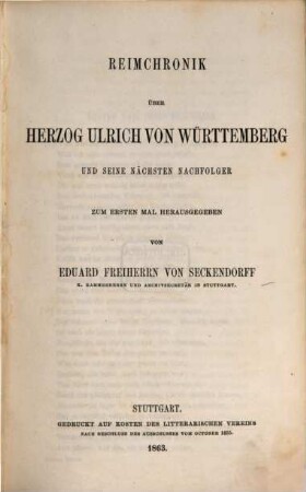 Reimchronik über Herzog Ulrich von Württemberg und seine nächsten Nachfolger