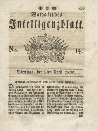 No. 14, Dienstag, den 8ten April 1800