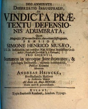 Dissertatio Inauguralis, De Vindicta Prætextu Defensionis Adumbrata