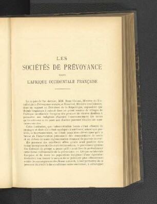 Les Sociétés De Prévoyance Dans L'Afrique Occidentale Francaise.