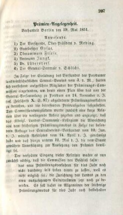 Prämien-Angelegenheit. Verhandelt Berlin den 19. Mai 1851.